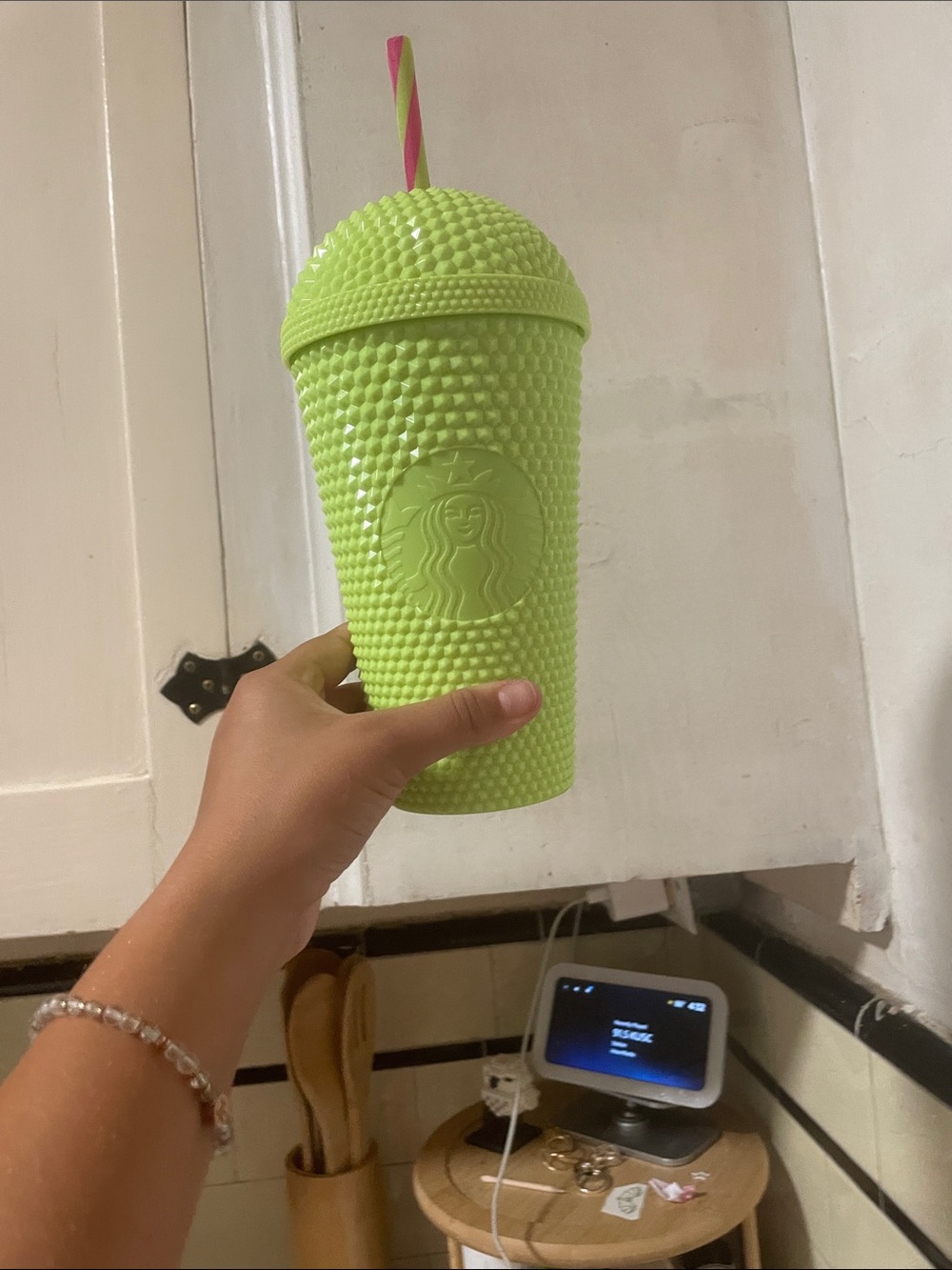 Starbucks Neon Green Textured Studded Tumbler with Pink-Striped Straw